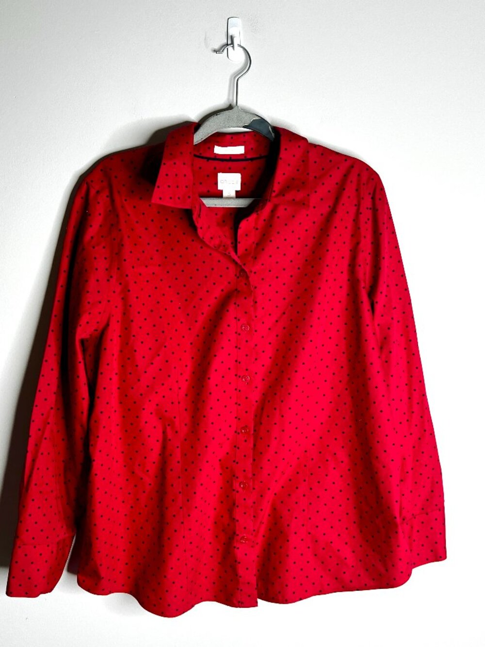 Chico's No-Iron Red Tiny Black Polka Dot Button-Up Preppy Classic Career Sz XL